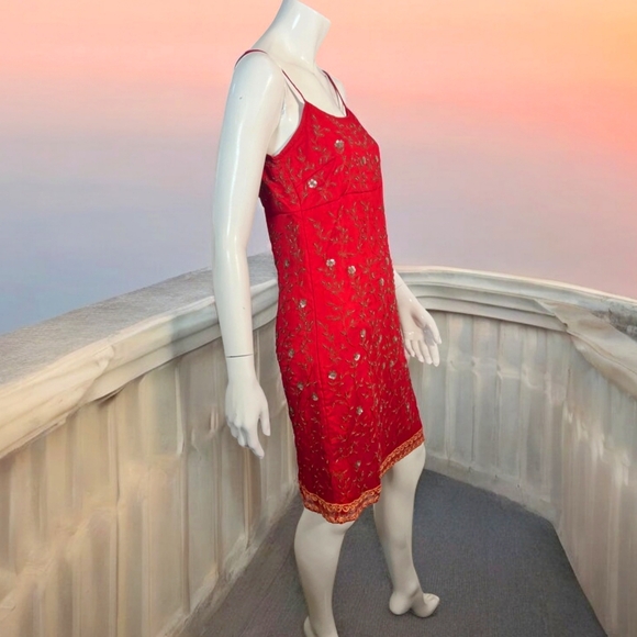 Vintage Express Red Embroidered Dress Small With Beaded Floral Boho Design 90's - Picture 4 of 16